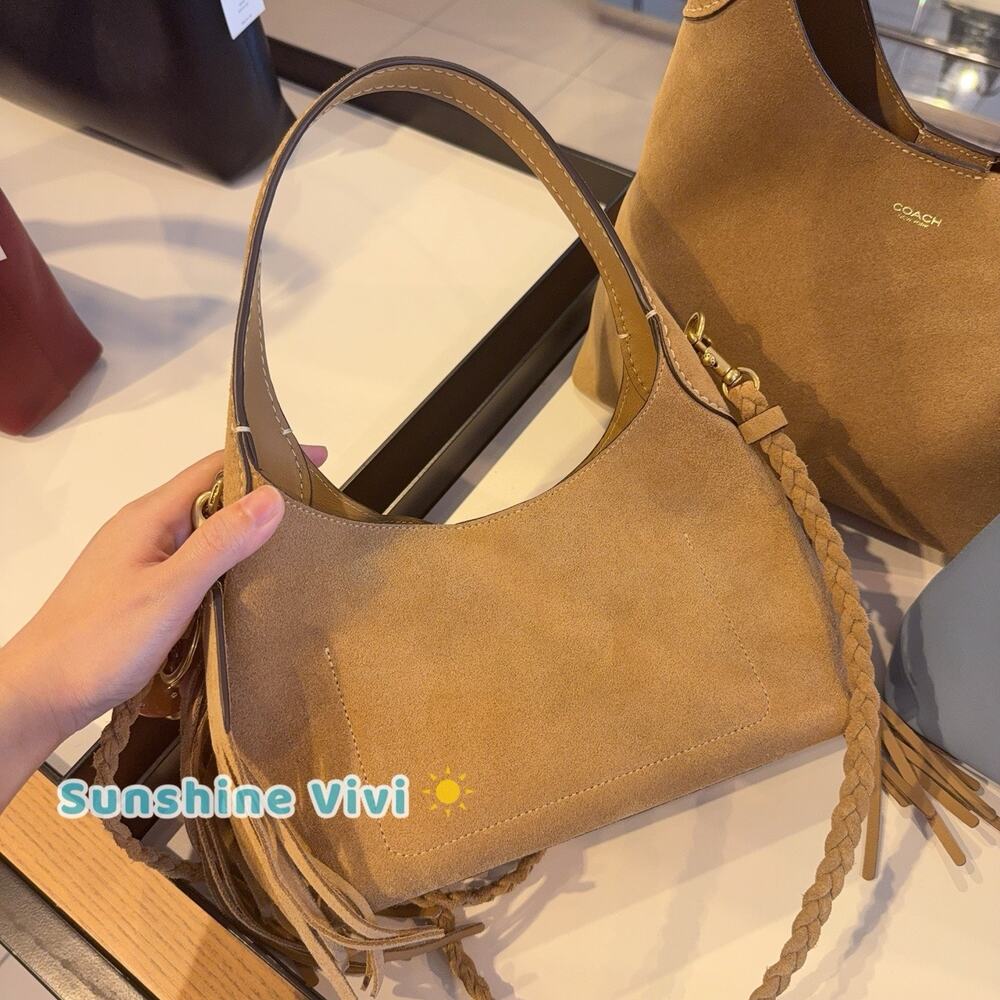Coach Tan Suede Shoulder Bag with Braided Strap - Picture 1 of 14